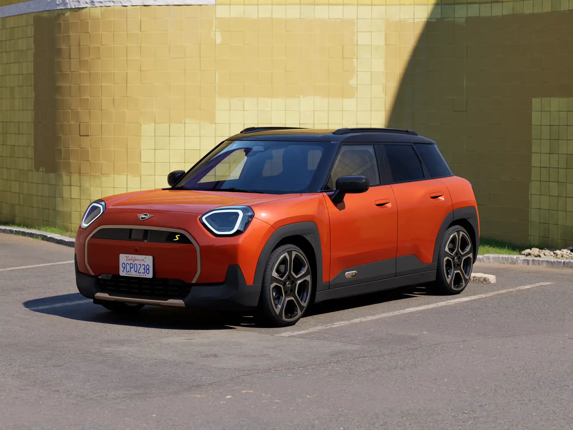 Video showcasing the interior and exterior of a all-electric MINI Aceman in detail. The camera pans over the dashboard, highlighting design elements