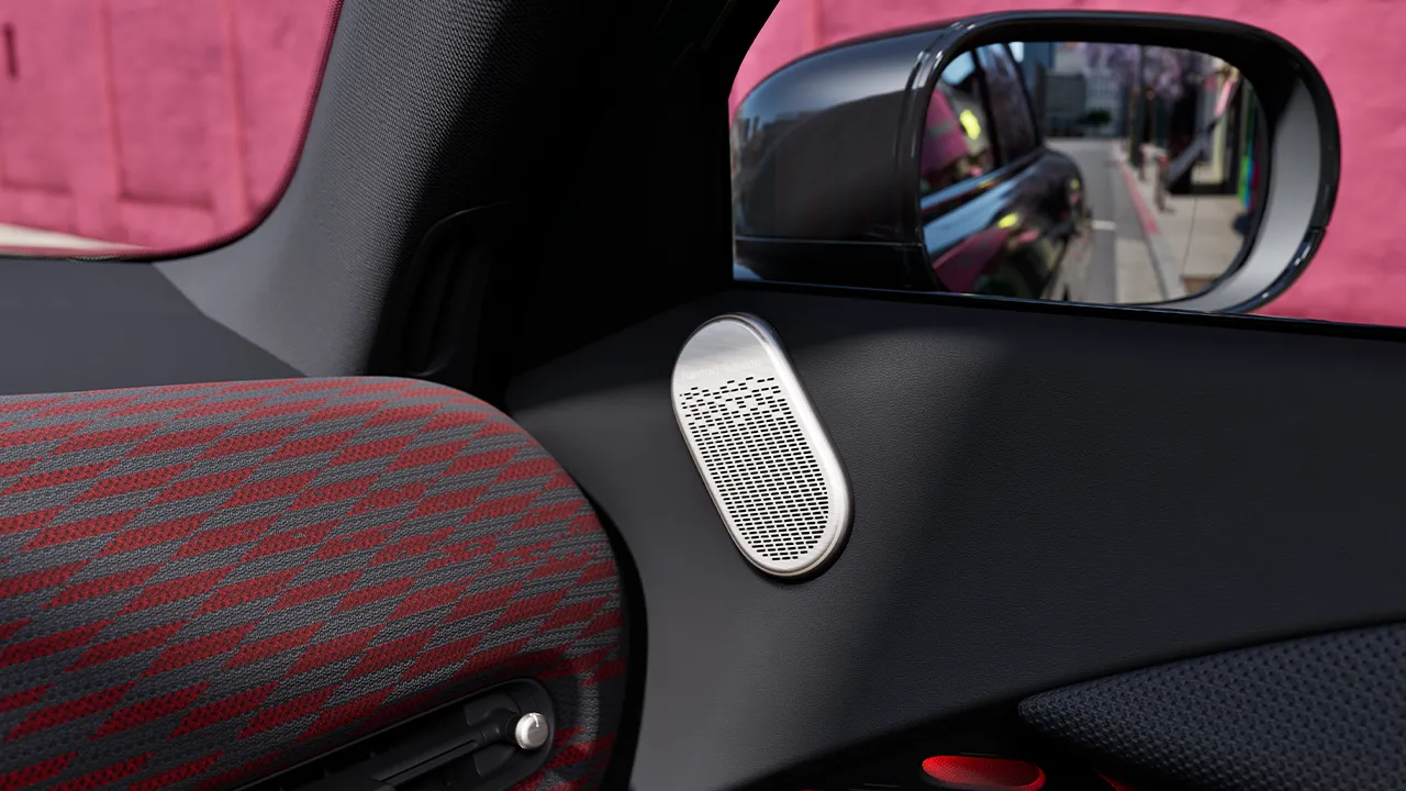 Detail view of the all-electric MINI Aceman Harman Kardon speaker