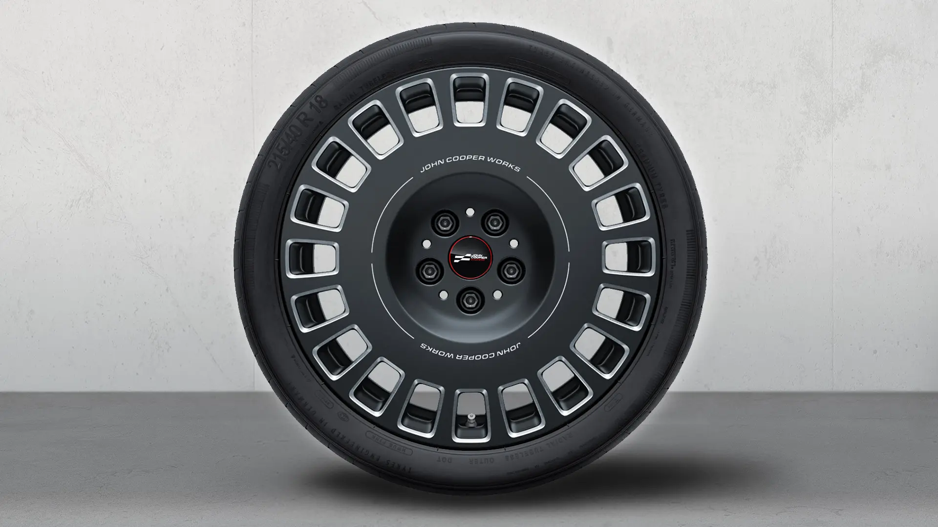 MINI JCW 18インチラリースポーク 964 ホイール、フローズンミッドナイトグレー、ダイヤモンドミル仕上げ。