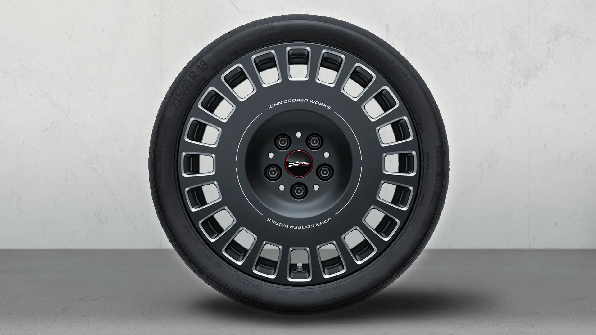 MINI JCW 18インチラリースポーク 964 ホイール、フローズンミッドナイトグレー、ダイヤモンドミル仕上げ。
