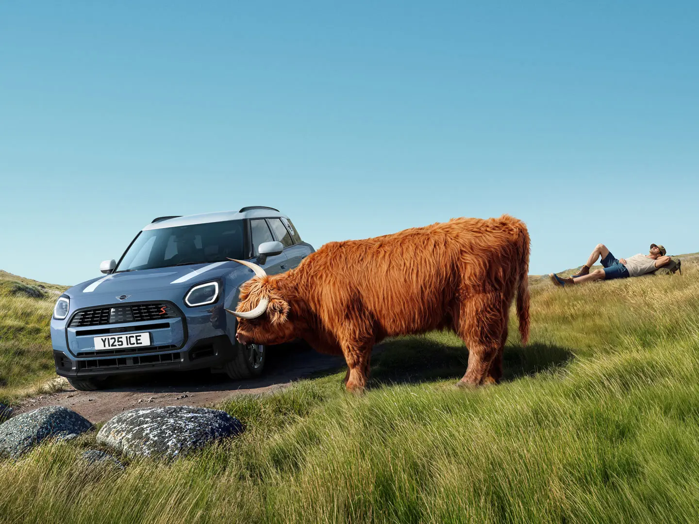 MINI プロアクティブ・ケアによるサービス ― 丘の上でくつろぐ男性。そばには彼の MINI Countryman S ALL4 とハイランドブルがいる。