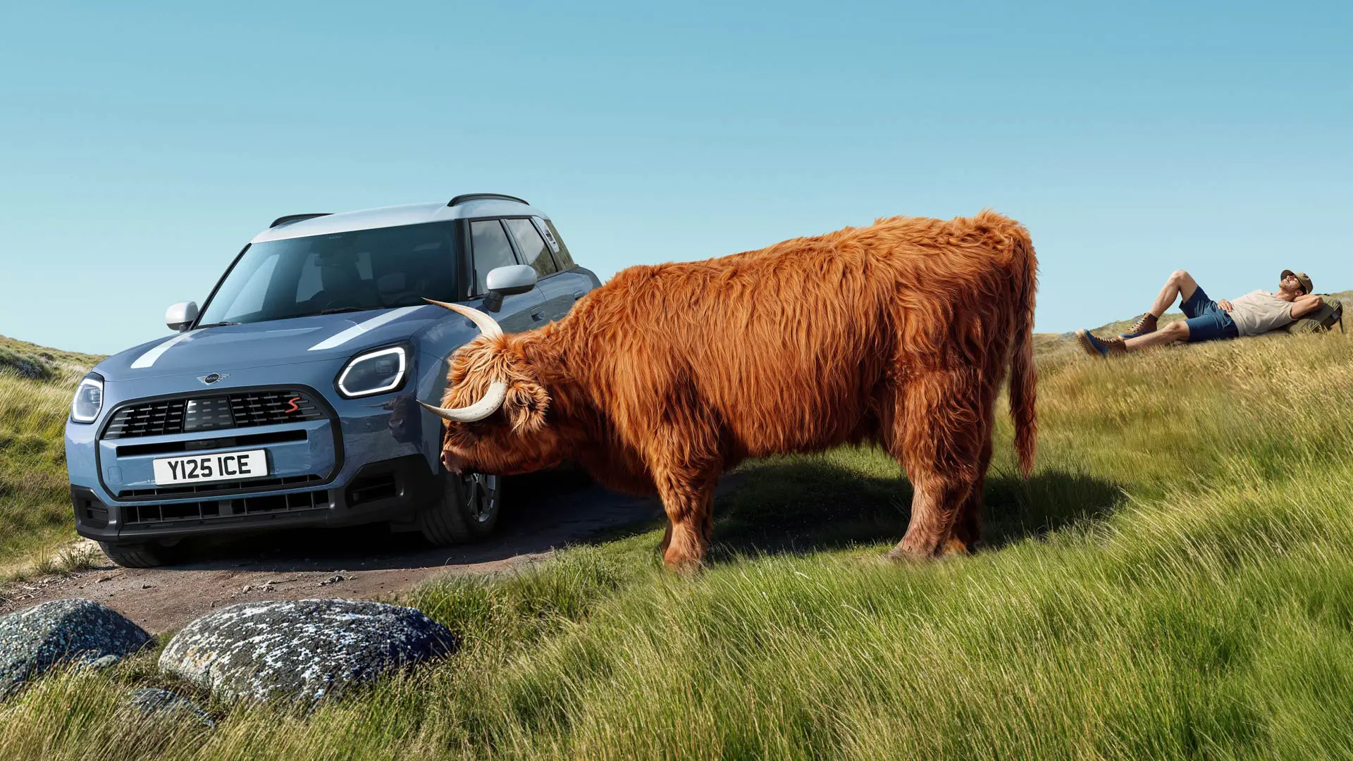 MINI プロアクティブ・ケアによるサービス ― 丘の上でくつろぐ男性。そばには彼の MINI Countryman S ALL4 とハイランドブルがいる。