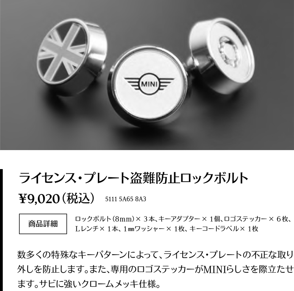 ライセンス・プレート盗難防止ロックボルト