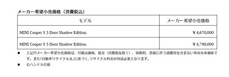 メーカー希望小売価格（消費税込）