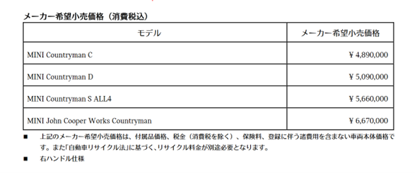 メーカー希望小売価格（消費税込）