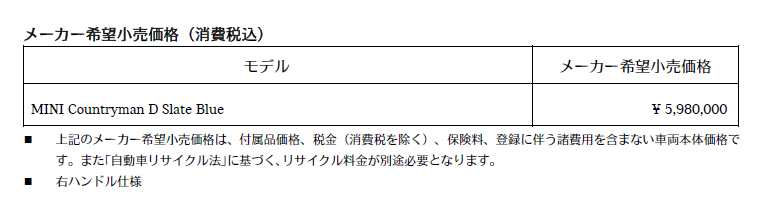 メーカー希望小売価格（消費税込）
