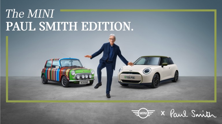 Paul Smith posing between the classic Mini and this special edition model